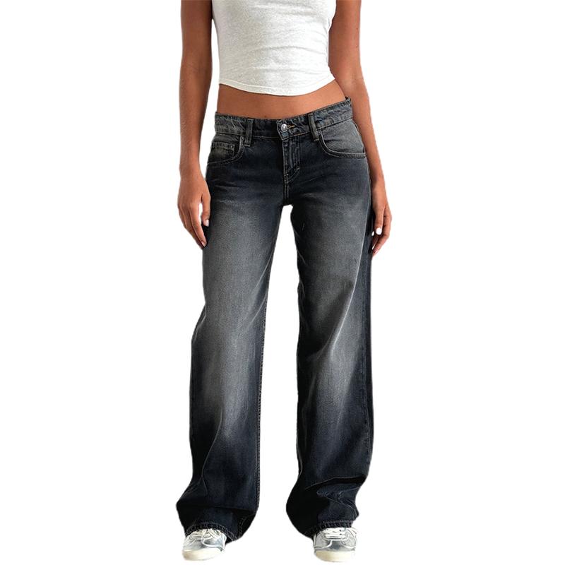 Women Y2k Low Rise Baggy Jeans Loose Fit Boyfriend Straight Wide Leg Jeans Trendy Stretch Long Denim Pants